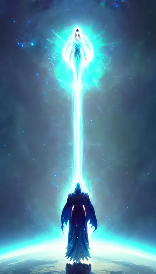 Image similar to celestial god with a cape, epic scene, holy, full body, galaxy, and, stars, atmosphere, unreal engine, pixar, video game, ethereal, insanely, detailed, volumetric, symmetrical, concept art, charlie bowater, tsutomu nihei, unreal engine, artstation, cinematic, video game, digital painting, artist maena