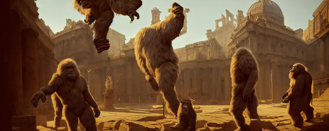 Image similar to duotone concept illustration 3 / 4 portrait of majestic yeti and bigfoot visiting ancient rome museum. cinematic scene. volumetric lighting. golden ratio accidental renaissance. by sachin teng and sergey kolesov and ruan jia and heng z. graffiti art, scifi, fantasy, hyper detailed. octane render. concept art. trending on artstation