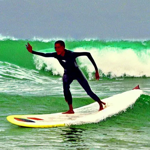 Prompt: an artistic photo of barack obama surfing in hawaii, high quality, colourful, hero, 1 9 8 8, heroic, artistic, beautiful, in the style of vincent van gogh