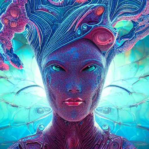 Image similar to Face of a Alien Deity, centered, corals, plume made of geometry, extremly detailed digital painting, sharp focus in the style of android jones, artwork of a futuristic artificial intelligence superstar with frames made of detailed circuits, mystical colors, rim light, beautiful lighting, 8k, stunning scene, raytracing, octane, under water visual distortion, dark tones colors, trending on artstation