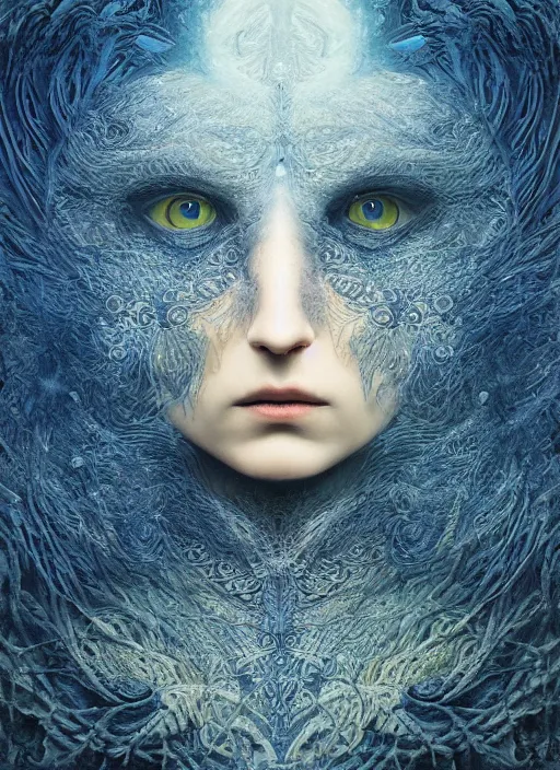 Image similar to Her huge ominous glowing blue eyes staring into my soul , perfect eyes, intricate stunning highly detailed, agostino arrivabene, Tomasz strzalkowski, twisted dark lucid dream, 8k portrait render, raven angel wings, swirling thick smoke , beautiful lighting, dark fantasy art, cgsociety