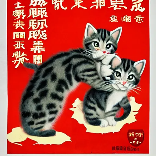 Prompt: a chinese propaganda poster cute kittens fighting in world war 3, ww 3, dystopian future, communist propaganda