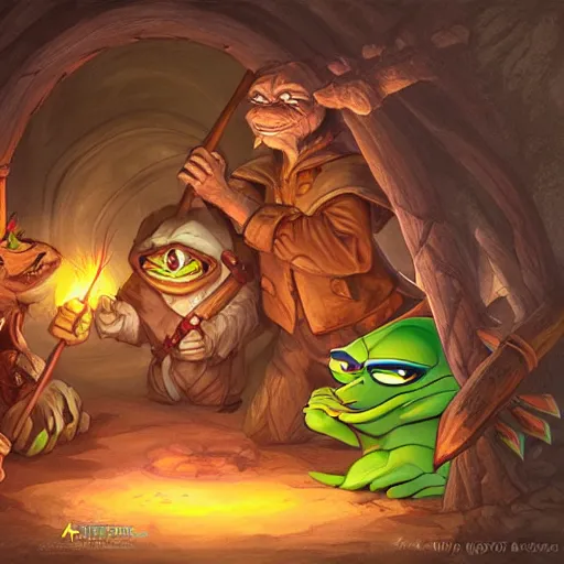 Image similar to D&D, a group of pepe digging in a tunnel by torchlight, artwork by Artgerm, Don Bluth