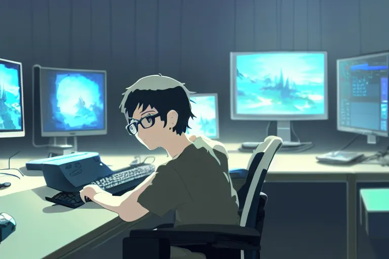 Image similar to a nerdy boy is programming at a computer in a room full of gadgets, by makoto shinkai and ghibli studio, highly detailed, incredible quality, trending on artstation