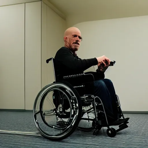 Prompt: flynn white from breaking bad unable roll his wheelchair upstairs, sharp focus, hyper realistic, sony 3 5 mm lens