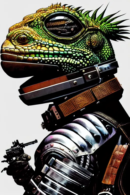 Image similar to a portrait of a muscular anthropomorphic cyberpunk iguana! in leather spacesuit armor with a large head by sandra chevrier, by jon foster, detailed render, pistol in holster, tape deck, epic composition, cybernetics, 4 k realistic, cryengine, realistic shaded lighting, sharp focus, masterpiece, by enki bilal