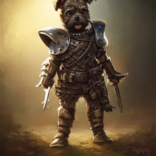 Prompt: A cute little anthropomorphic border terrier knight wearing leather body armor, joy, happy, adorable, short, baby animal, DnD character art portrait, ultra realistic, ultra detailed, cinematic lighting, epic lighting, volumetric light, DeviantArt Artstation, by Jason Felix by Steve Argyle by Tyler Jacobson by Peter Mohrbacher