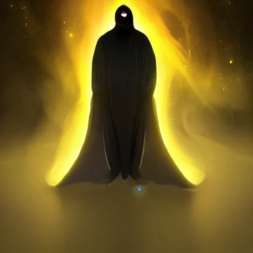 Image similar to award - winning. trending on artstation. 4 k. expressive. a faceless man wearing layered yellow robes while a black hole in space floats behind them. dark background. in the style of victor antonov