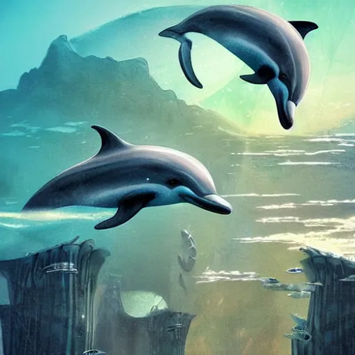 Image similar to an alien city of dolphins under the ocean, sci-fi digital art illustration,
