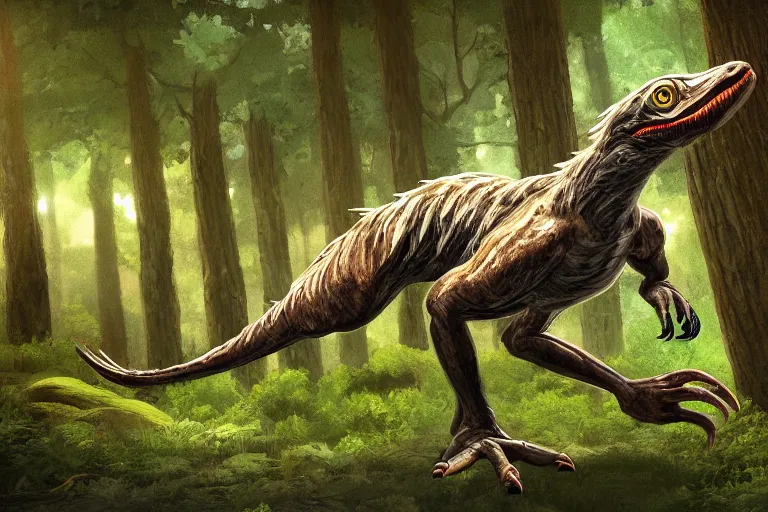 Image similar to highly detailed photograph of a oil velociraptor!! in the forest, featured on pixiv