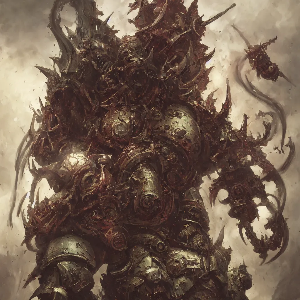 Image similar to hyper realistic portrait of heroic warhammer android head, cinematic, chaos marine, khorne tzeentch nurgle slaanesh, artstation, cgsociety, full head and shoulders, greg rutkowski, james gurney, mignola, craig mullins, brom