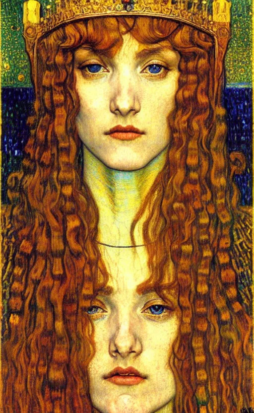 Image similar to detailed realistic beautiful young medieval queen face portrait by jean delville, gustav klimt and vincent van gogh, art nouveau, symbolist, visionary, gothic, pre - raphaelite, muted earthy colors, desaturated