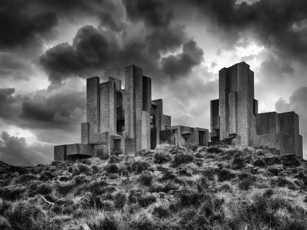 Image similar to photo of a brutalist cathedral built over a rocky hill, in the middle of a storm. realistic clouds. impressive, magical, very atmospheric, cinematic, deep, very high complexity, stunning, dramatic masterpiece, chiaroscuro, romantic, very detailed. 4 k