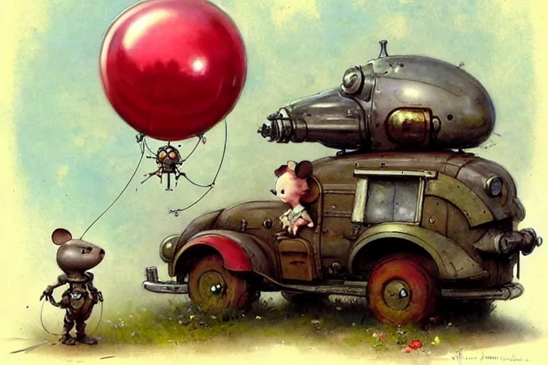 Image similar to adventurer ( ( ( ( ( 1 9 5 0 s retro future robot mouse balloon birthday party wagon house. muted colors. ) ) ) ) ) by jean baptiste monge!!!!!!!!!!!!!!!!!!!!!!!!! chrome red