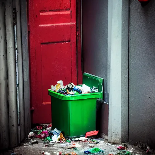 Prompt: oscar the grouch hiding in his trash can in a dark alley, holding a bloody knife in his hand and with a shocked look on his face, night time, dramatic