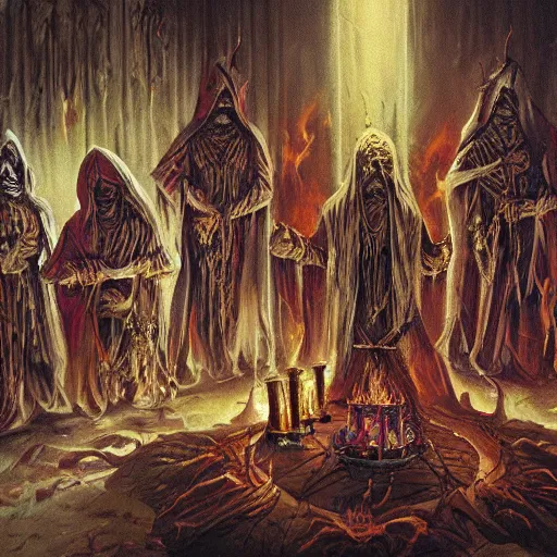 Image similar to painting of evil occult ritual with hooded cult members worship demonic shrine, ultra realistic, concept art, intricate details, eerie highly detailed