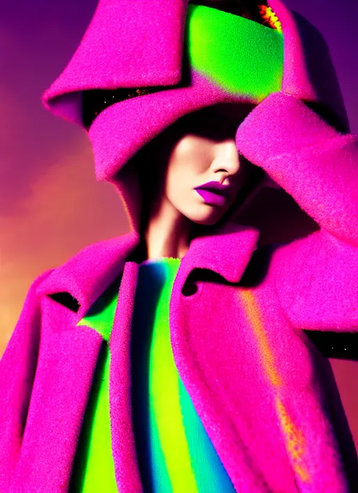 Image similar to coat for a rave, bright colors, many details, prints, photo for a magazine, photo for a store, fashion photography, Vogue, 135 mm, cinematic, hyper realism, high detail, 8k, chrome accents, perfect face