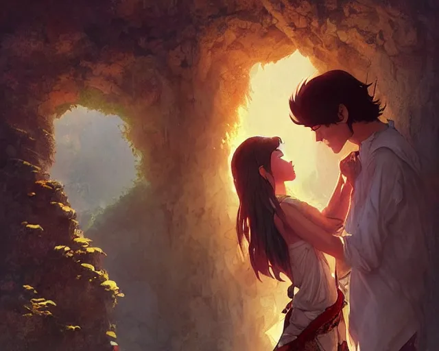 Prompt: a cinematic boy girl traditional romance moment, exploring the caves boho clothing, full body illustration, bestselling movie art poster, official media, 1970s fashion, dynamic lighting official anime media, incredible art by artgerm and greg rutkowski