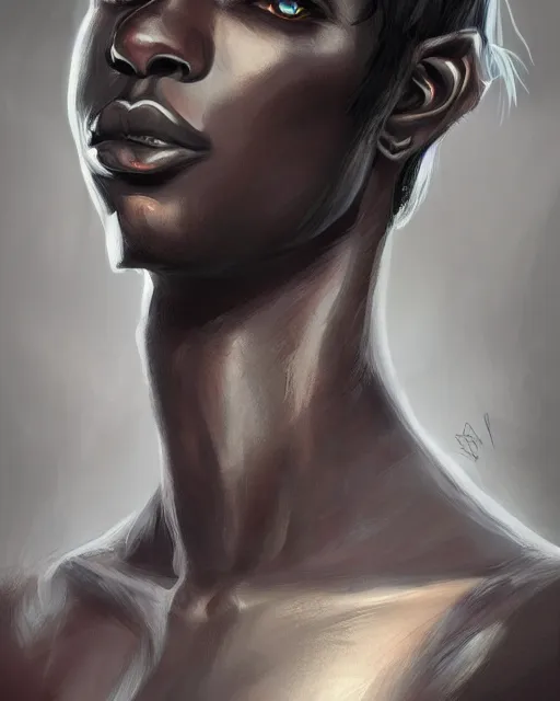 Prompt: portrait of a feminine male dark elf, ebony skin, long hair, fantasy, feminine, elegant, intricate, highly detailed, digital painting, artstation, concept art, sharp focus, illustration