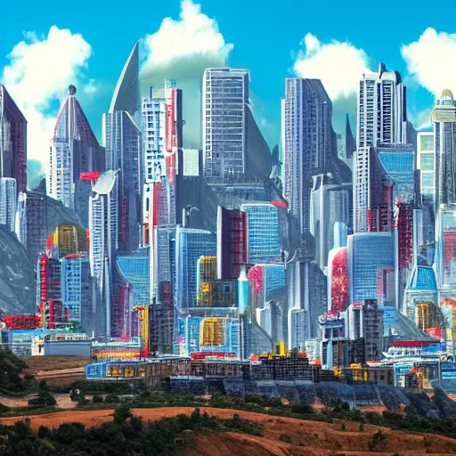 Image similar to City on a hillside, futuristic city on mountainside, red yellow and blue buildings, clouds on hill