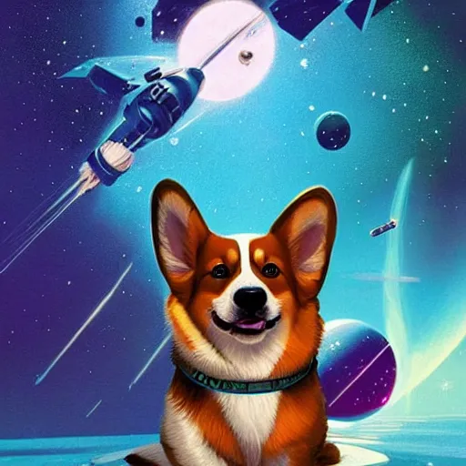 Prompt: a corgi puppy in outer space, sci - fi, space art, cosmic, extremely detailed, beautiful, futuristic, digital illustration by kilian eng, moebius, jack kirby, artgerm, greg rutkowski, trending on artstation, masterpiece, award - winning