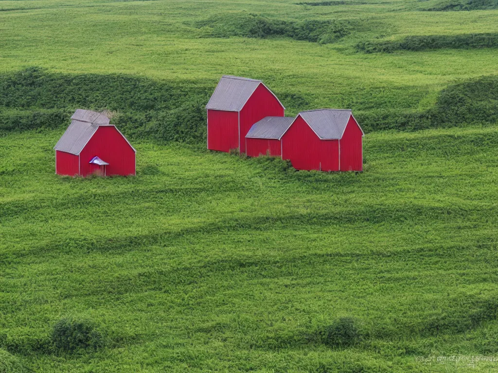 Prompt: Intricate detailed lush ravine with an isolated red barn next to a wheat crop at noon. Wide angle shot, surreal, Anato Finnstark.