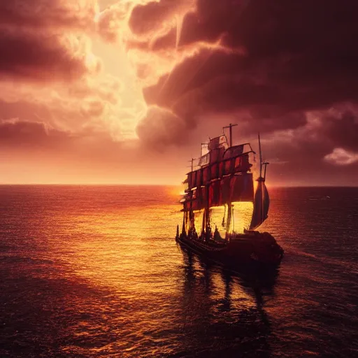 Image similar to portrait of a ship on the sea, close over the shoulder on the ship is a medieval woman ship pilot from behind , dramatic golden neon sunset with wall of storm clouds, wearing shiny breastplate, octane render, dynamic lighting, hyperrealistic, artstation