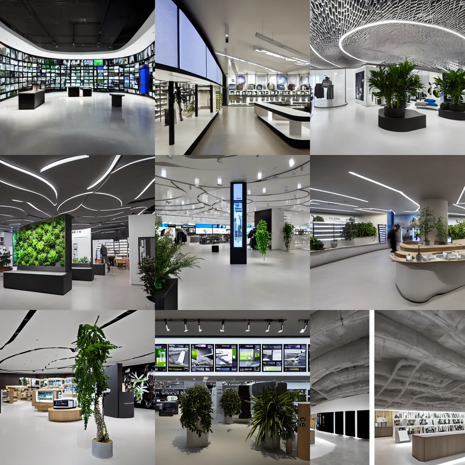 Prompt: hyperdetailed brutalist samsung store, polished concrete, white walls, timber, digital screens, curved furniture, lush plants.