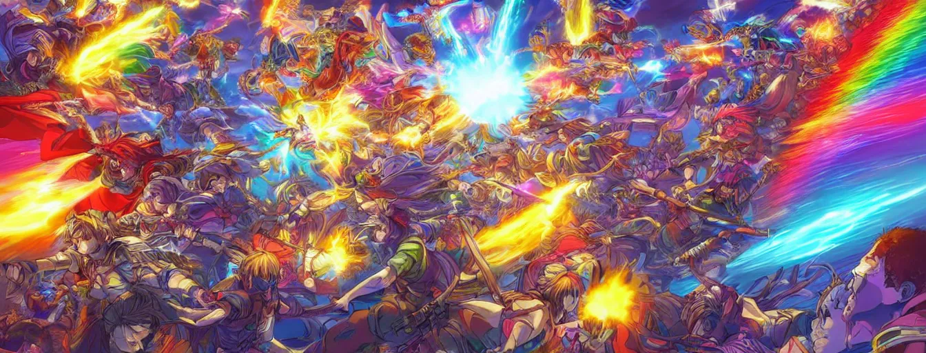 Image similar to super intensely colorful rainbow souls fighting on a battlefield with spirit power flying around. hyperrealistic anime background illustration by kim jung gi, colorful, extremely detailed intricate linework, smooth, super sharp focus, bright colors, high contrast, matte, octopath traveler, unreal engine 5 highly rendered, global illumination, radiant light