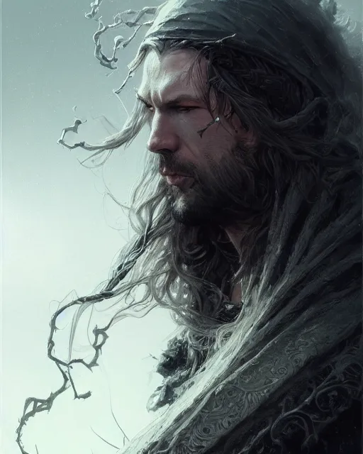 Prompt: ominous assassin, handsome male, rugged, white long hair!!, ornate cloak, vines, ultra - detailed portrait by wlop, artgerm, ilya kuvshinov, akihiko yoshida, greg rutkowski, karl spitzweg. sharp focus, highly detailed, intricate background, post processing