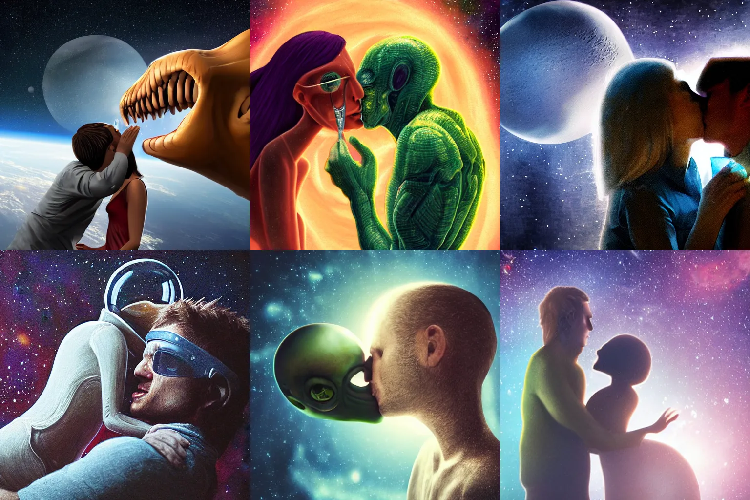 Prompt: Human kissing an alien, super detailed, in space, ambient lighting, realism, galaxy,