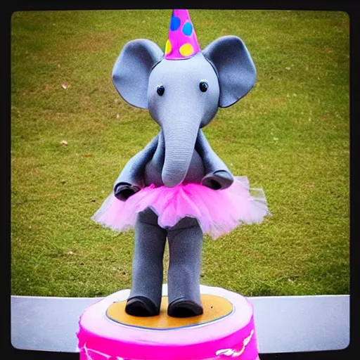 Image similar to “ an elephant wearing a birthday hat and a tutu on a unicycle ”