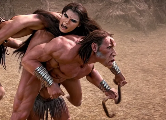 Prompt: beautiful tall muscular greek amazon woman wrestling a centaur, movie still, from the movie caveman, 8 k, realistic, action photography