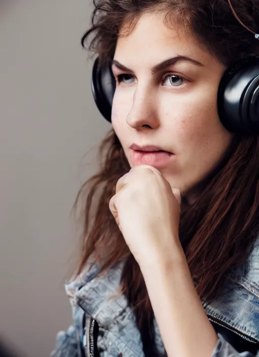 Image similar to young adult woman in a coffee shop wearing headphones and a leather jacket looking unamused, natural light, magazine photo, 5 0 mm lens