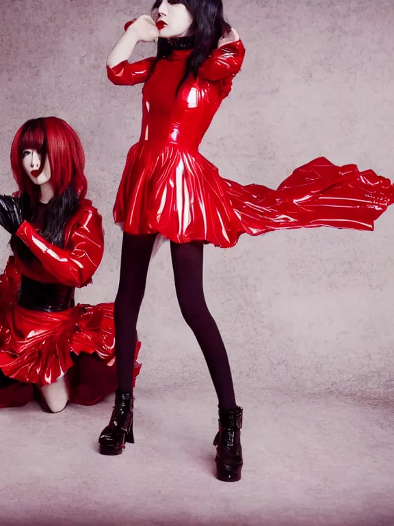 Image similar to Babymetal singer wearing Translucent Red and Gold latex dress fashion photoshoot