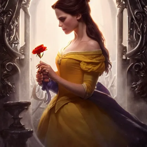 Image similar to belle beauty and the beast ; ultra realistic, concept art, intricate details, eerie, haunting, highly detailed, photorealistic, octane render, 8 k, unreal engine. art by artgerm and greg rutkowski and charlie bowater and magali villeneuve and alphonse mucha