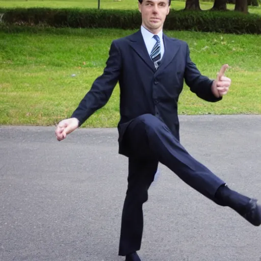 Prompt: a handsome man auditing for the ministry of silly walks.