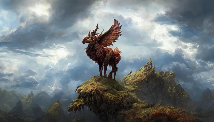 Prompt: excellent painted mythical creature in a surreal landscape in another dimension with fluffy clouds, painted by Hans Fredrik Gude, Greg Rutkowksi, Craig Mullins and Artgerm, concept art 2022, 4k, ultra realistic highly detailed oil painting