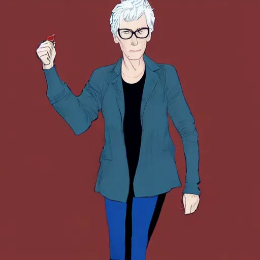 Image similar to jamie lee curtis, full body, tired, serious, intelligent, powerful, white hair, fully clothed, wise, beautiful, by david mack, soft lighting, trending on artstation, flat colour