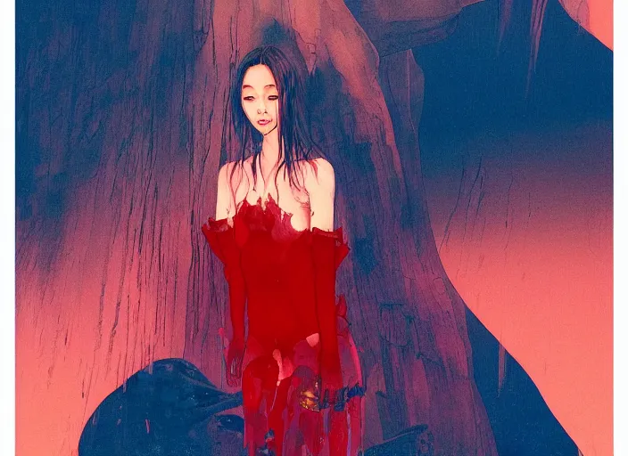 Image similar to lee jin - eun emerging from pink water in cyberpunk theme during a blood moon by the edge of a royal blue antelope canyon by conrad roset, nicola samuri, dino valls, m. w. kaluta, rule of thirds, seductive look, beautiful