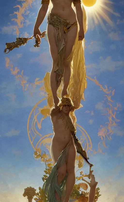 Image similar to solarpunk four armed statue of the goddess of the sun helios descending from olympus, artstation, concept art, smooth, sharp focus, illustration, art by artgerm and greg rutkowski and alphonse mucha and william adolphe bouguereau and john william waterhouse and gianlorenzo bernini