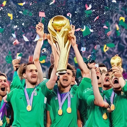 Image similar to Unicorns holding the World Cup Trophy