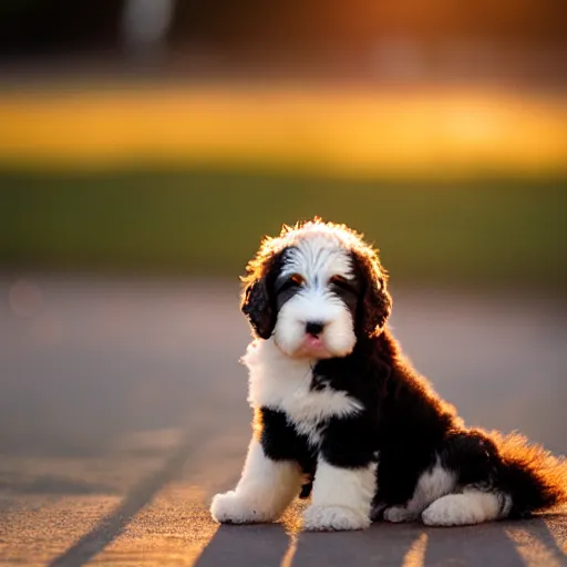 Prompt: a bernedoodle puppy at golden hour, bokeh, 3 2 megapixel