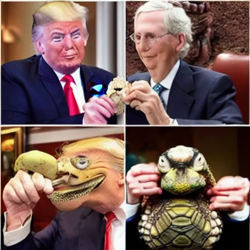 Image similar to donald trump eating a tortoise with the face of mitch mcconnell heironomous bosch