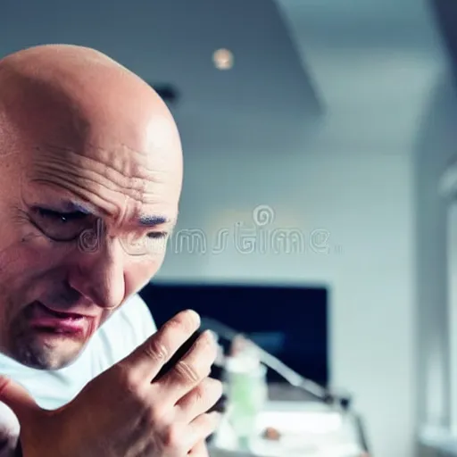 Prompt: crying sad hairless bald man crying at his computer with twitter open in the background, stock photo