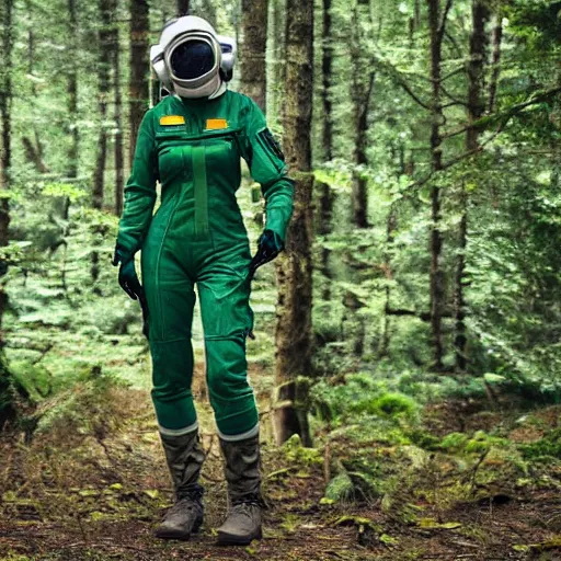 Prompt: a female space scout wearing a green uniform with white armor exploring a forest planet