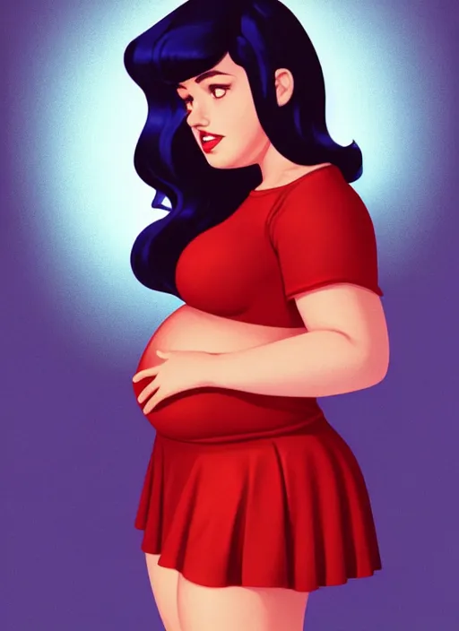 Image similar to full body portrait of teenage veronica lodge, obese, bangs, sultry, realistic, sultry smirk, wavy hair, red skirt, fat, belly, intricate, elegant, glowing lights, highly detailed, digital painting, artstation, concept art, smooth, sharp focus, illustration, art by wlop, mars ravelo and greg rutkowski