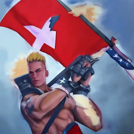 Prompt: photorealistic painting of overwatch's zarya holding flag of the ussr