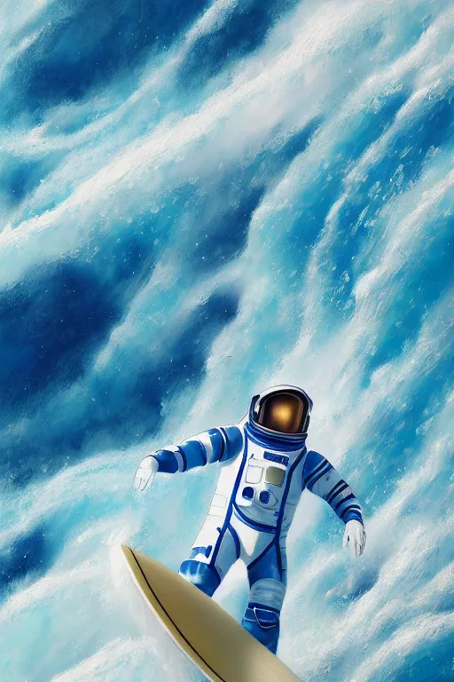 Prompt: a beautiful digital painting of an astronaut in a white and royal blue luxurious space suit surfing the great wave on a mecha surfboard at Pamukkale, thermal waters flowing down white travertine terraces by greg rutkowski, photorealistic, trending on artstation, highly detailed, intricate, unreal engine, octane render