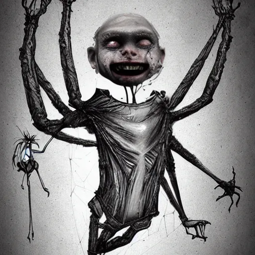 Image similar to surrealism grunge cartoon sketch of a spider with a human head with a wide smile by - michael karcz, loony toons style, horror theme, detailed, elegant, intricate